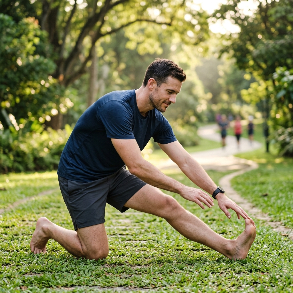 Athletic man stretching outdoors during golden hour, representing active recovery and wellness